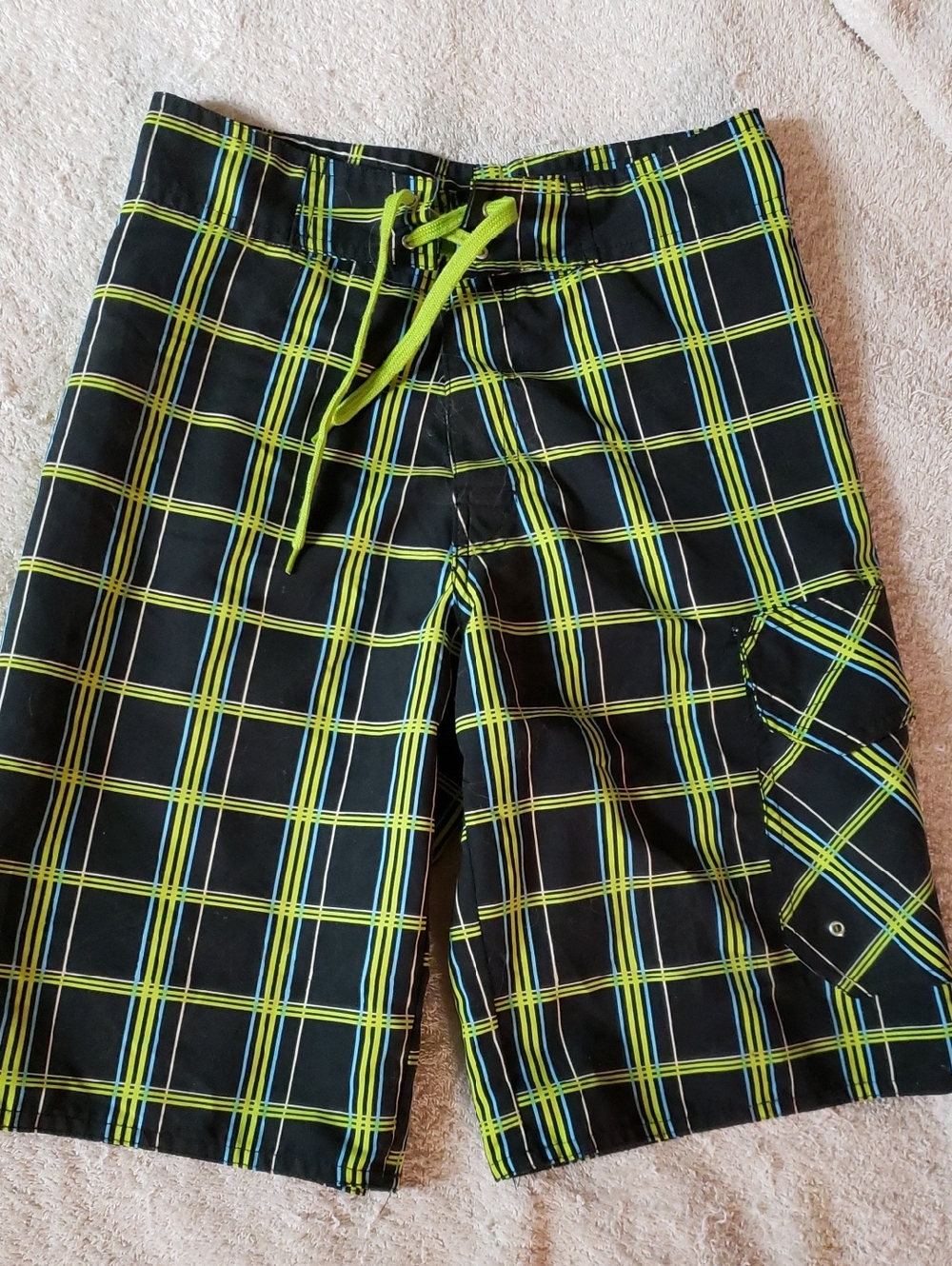 Kids Black Plaid Swim Trunks with Neon Lime and Blue Accents